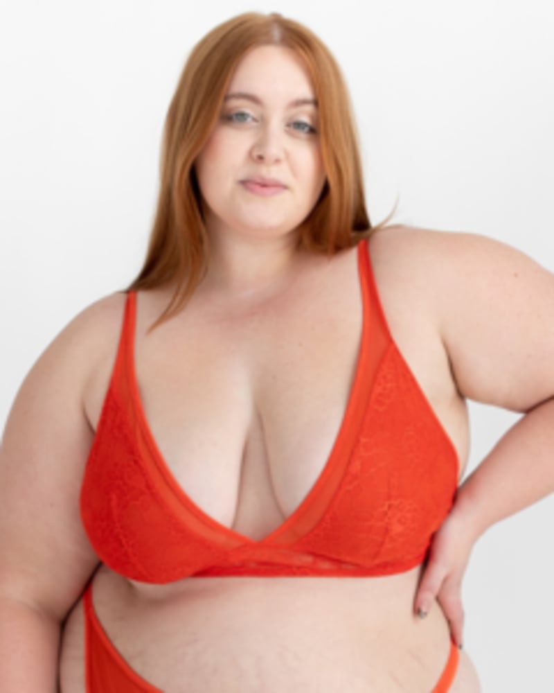 Front of a model wearing a size XXL The Flower Ruthie Sheer and Lace Bralette in Orange by Underclub. | dia_product_style_image_id:248522